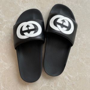 NWT Gucci Pursuit Interlocking GG Logo Leather Slides+BOX&BAG